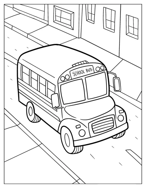 En liten skolbuss kör på vägen, sedd uppifrån.