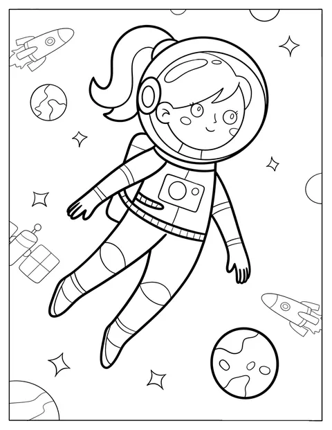 Tyttöastronautti leijuu rakettien, Maan ja satelliitin keskellä.