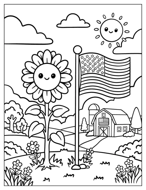 American Flag Flying Beside a Sunflower on a Country Farm Coloring Sheet