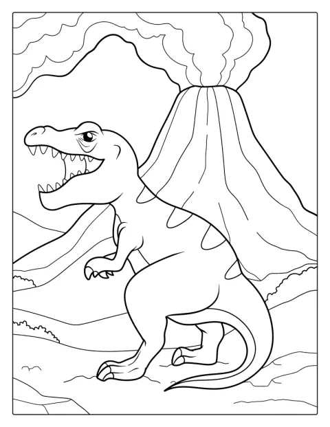 Ein Dinosaurier steht neben einem Vulkan, aus dessen Krater Lava und Rauch aufsteigen.