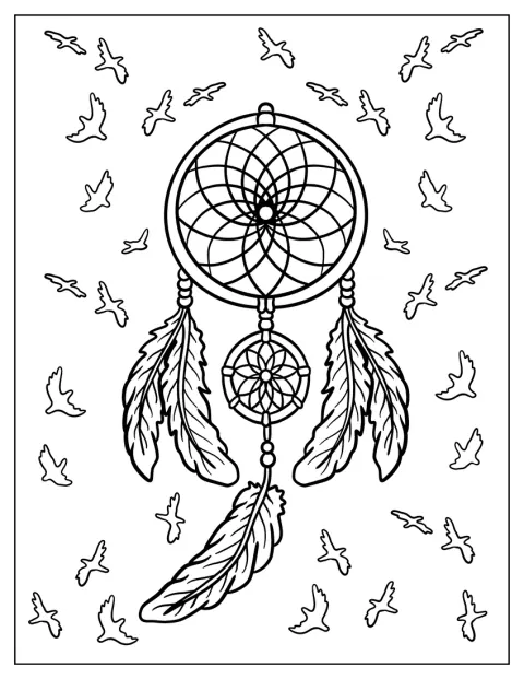 Fåglar flyger i bakgrunden bakom en vacker drömfångare.