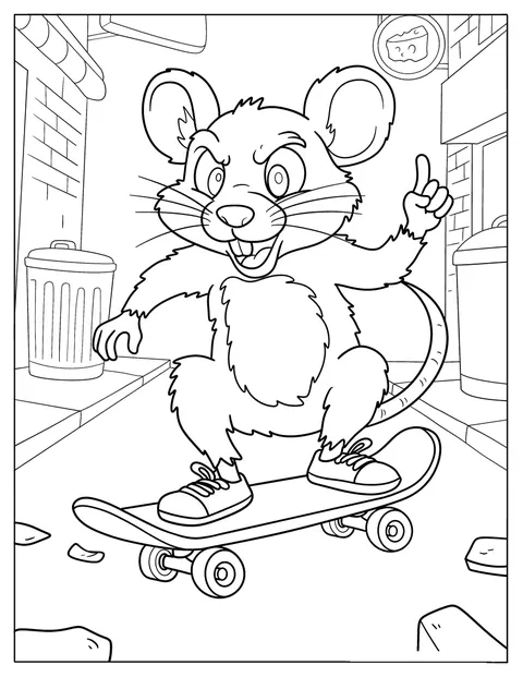 En tegneserierotte kjører skateboard gjennom en smal bakgate.