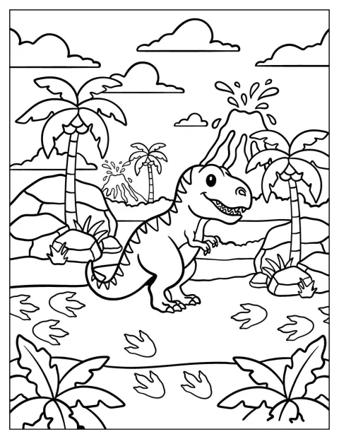 Un T. rex recorre una jungla prehistórica.