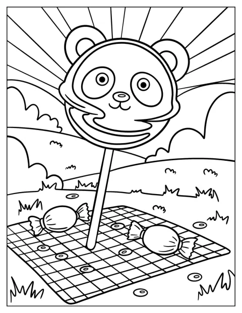 Un panda está sobre una manta de pícnic, rodeado de caramelos y rayos de sol.