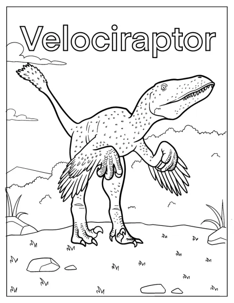 Velociraptor ma ciało pokryte piórami i stoi na dwóch łapach.