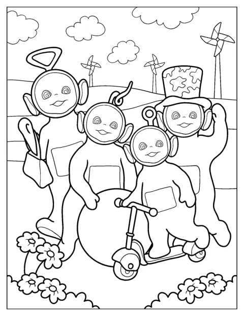 Laa Laa, Dipsy, Tinky Winky și Po se află afară, lângă moara de vânt.