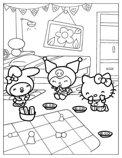 Kuromi râde alături de My Melody și Hello Kitty.