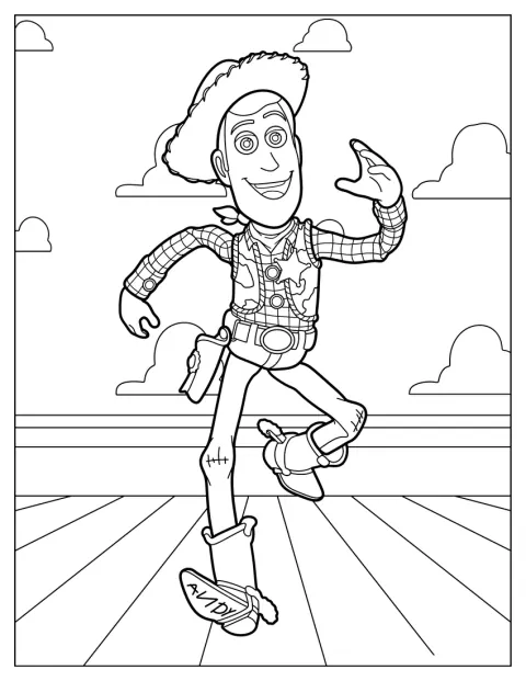 Cu detalii atent conturate, Woody aleargă într-o scenă din Toy Story.