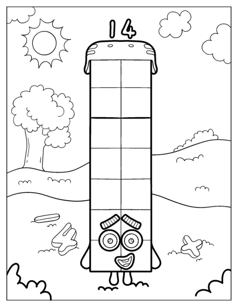Numberblock 14 trägt draußen einen Helm.