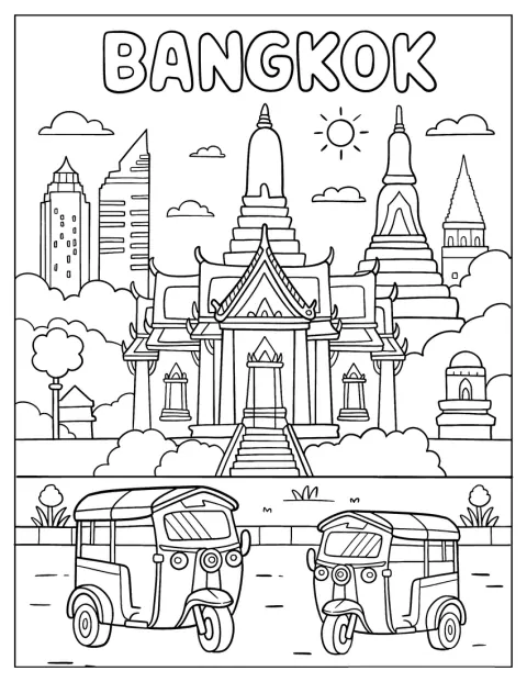 Des tuk-tuks circulent devant des temples à l’architecture traditionnelle de Bangkok.