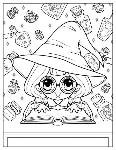 Une magicienne porte un chapeau de sorcière et tient un grimoire.