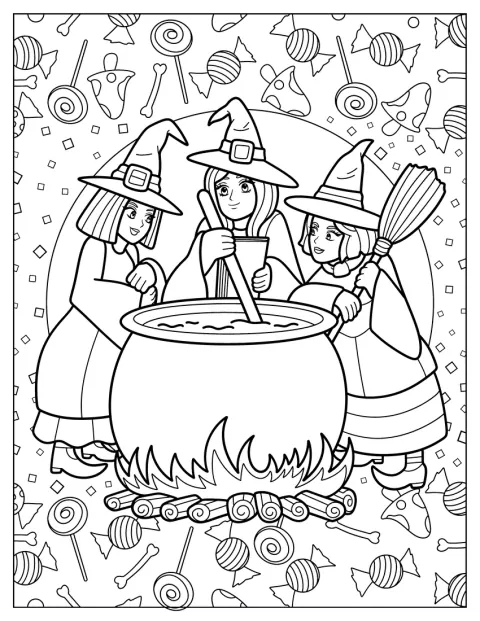 三人の魔女が、大釜を囲んで立っています。