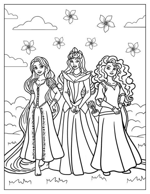 Rapunzel, Aurora e Merida aparecem juntas.