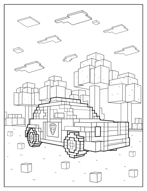 En kantig polisbil i Minecraft-stil står parkerad.