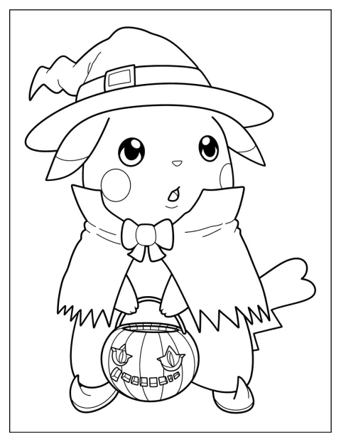 Pikachu gaat met Halloween langs de deuren om snoep te verzamelen.