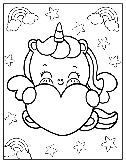 かわいいユニコーンが、ハートをぎゅっと抱きしめています。