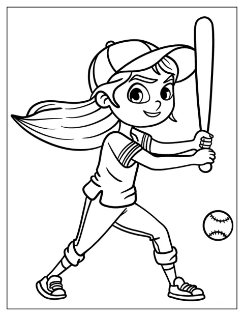 Uma rapariga de cabelo comprido balança o taco num campo de basebol.