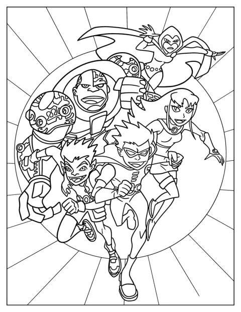Cyborg, Beast Boy, Boy Wonder, Raven, Robin y Starfire posan juntos como los Teen Titans.