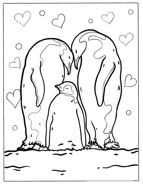 二羽のコウテイペンギンが、ひなを見守っています。