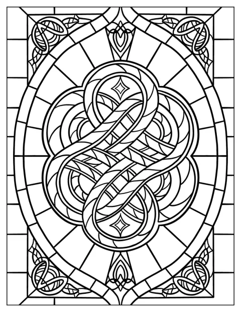 Un nod celtic elaborat umple un cadru geometric, ca un vitraliu.