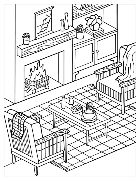 Een nette, moderne woonkamer is ingericht met een open haard.
