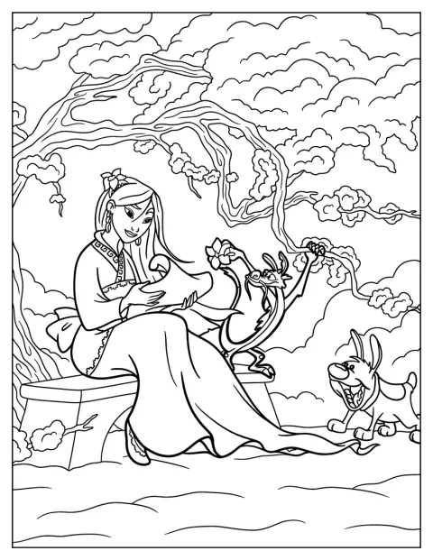 Mulán aparece con Mushu y su hermanito en una escena detallada.