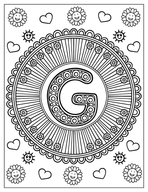 Bokstaven G står inuti en mandala med hjärtan och leende solar.