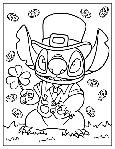 Stitch lleva un traje de duende para celebrar San Patricio.