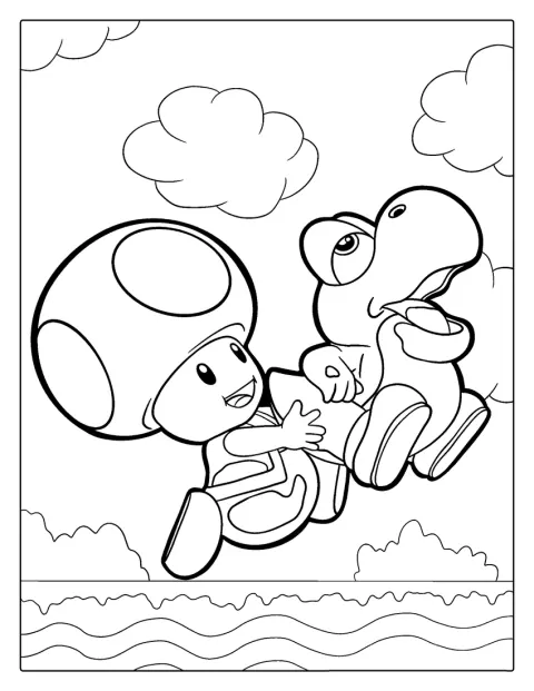 Toad è accanto a Baby Yoshi, il piccolo dinosauro.