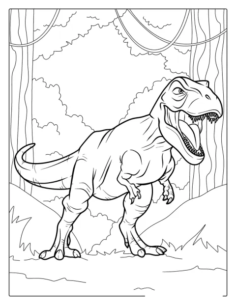 T-Rex stoi w realistycznej pozie z masywnym ogonem i potężnymi szczękami.