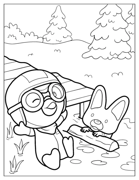 Pororo ed Eddy nuotano insieme nelle acque di un lago.