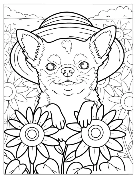 Um Chihuahua bonito usa um chapéu de palha entre girassóis.