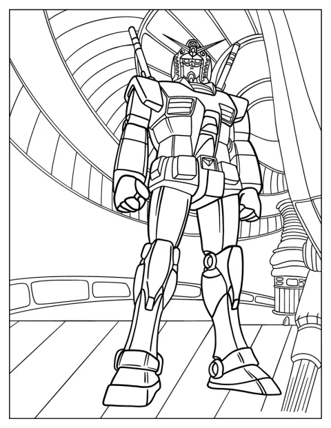 Un Gundam si trova all'interno di un'astronave.