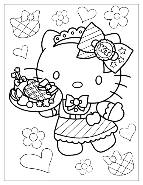 Hello Kitty w stroju kelnerki podaje kawałek ciasta.