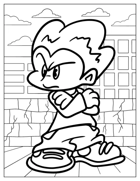 Pico stă cu brațele încrucișate și o expresie bosumflată.