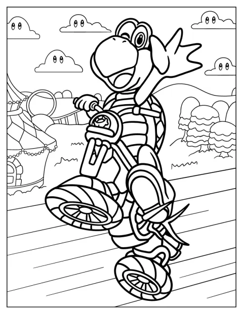 Koopa Troopa bierze udział w wyścigu Mario Kart.