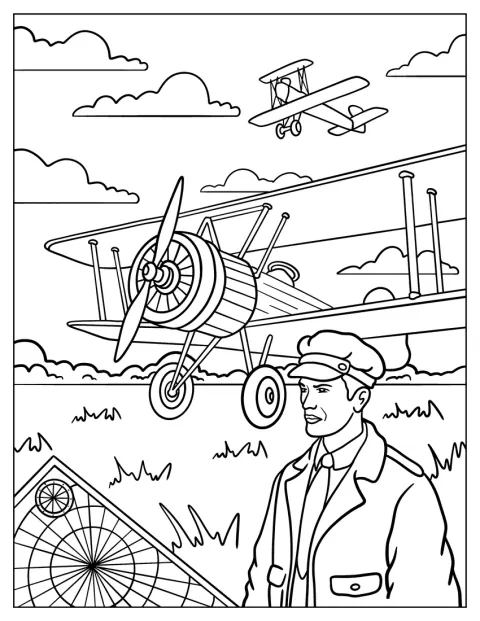 Un pilot se află sub cerul liber, înconjurat de avioane biplane vintage.