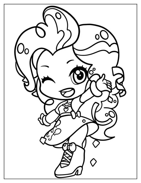 Pinkie Pie chibi stílusú Equestria Girls-változata aranyosan pózol.