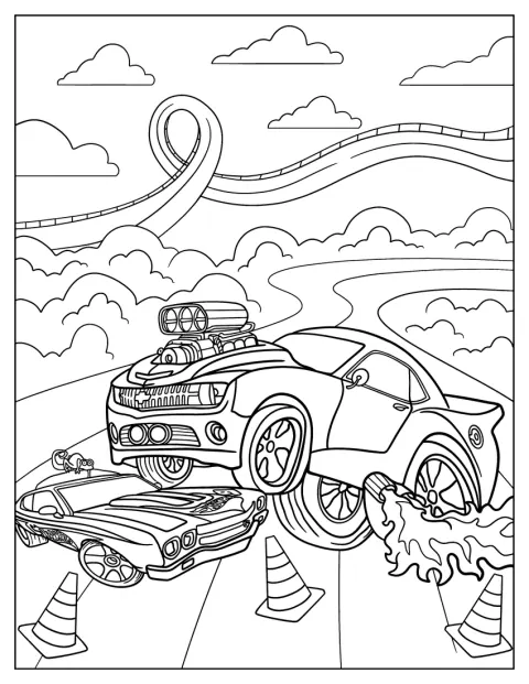 En tegneserieagtig Hot Wheels-bil drøner frem med flammer og røg.