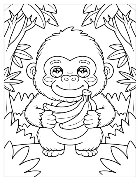 Um gorila bebé sorridente segura um cacho de bananas.