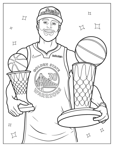 Steph Curry hält stolz mehrere Trophäen in den Händen.