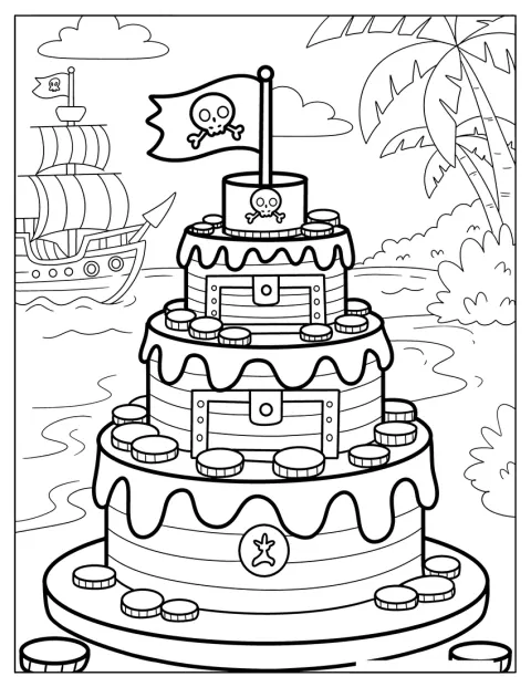 En piratkage med guldmønter og sørøverflag står på stranden.