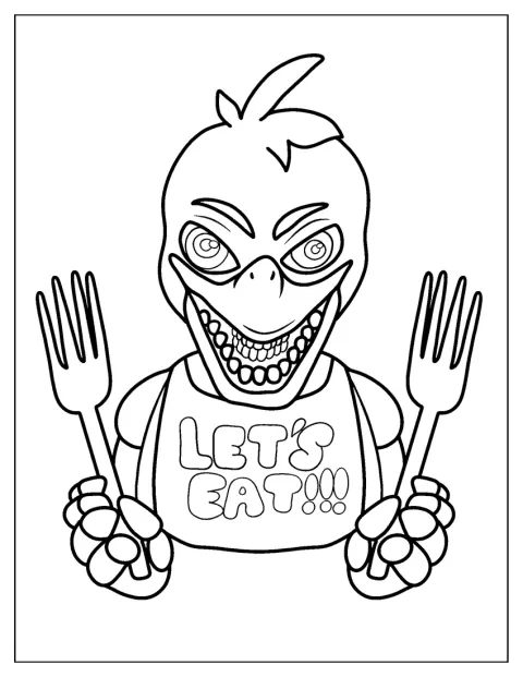 Nightmare Chica hält bedrohlich mehrere Gabeln in den Händen.