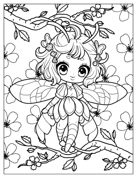Una chica anime vestida de abeja camina por la rama de un árbol.