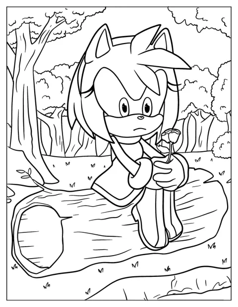 Auf einem Baumstamm sitzend hält Amy Rose eine Blume in der Hand.