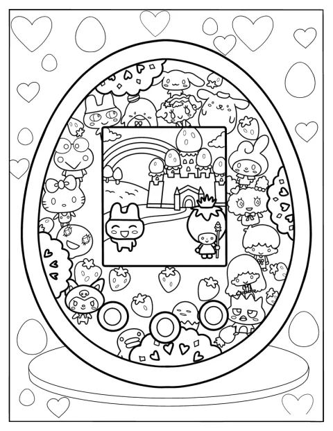 たまごっちの本体を囲むように、サンリオキャラクターたちが並んでいます。