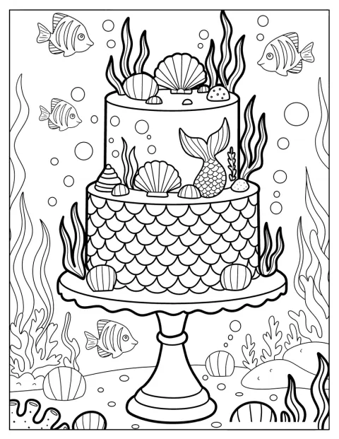 En tårta dekorerad med snäckor och sjögräs för tankarna till havet.