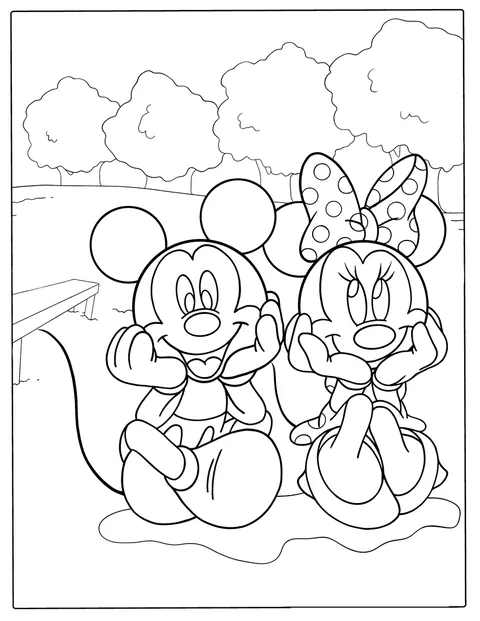 Minnie Mouse e Mickey Mouse sorriem lado a lado.