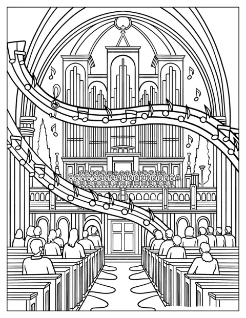 Mensen wonen een kerkdienst bij terwijl het koor zingt en het orgel speelt.