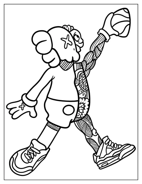 En dissekeret KAWS Companion står i en positur inspireret af Air Jordan.